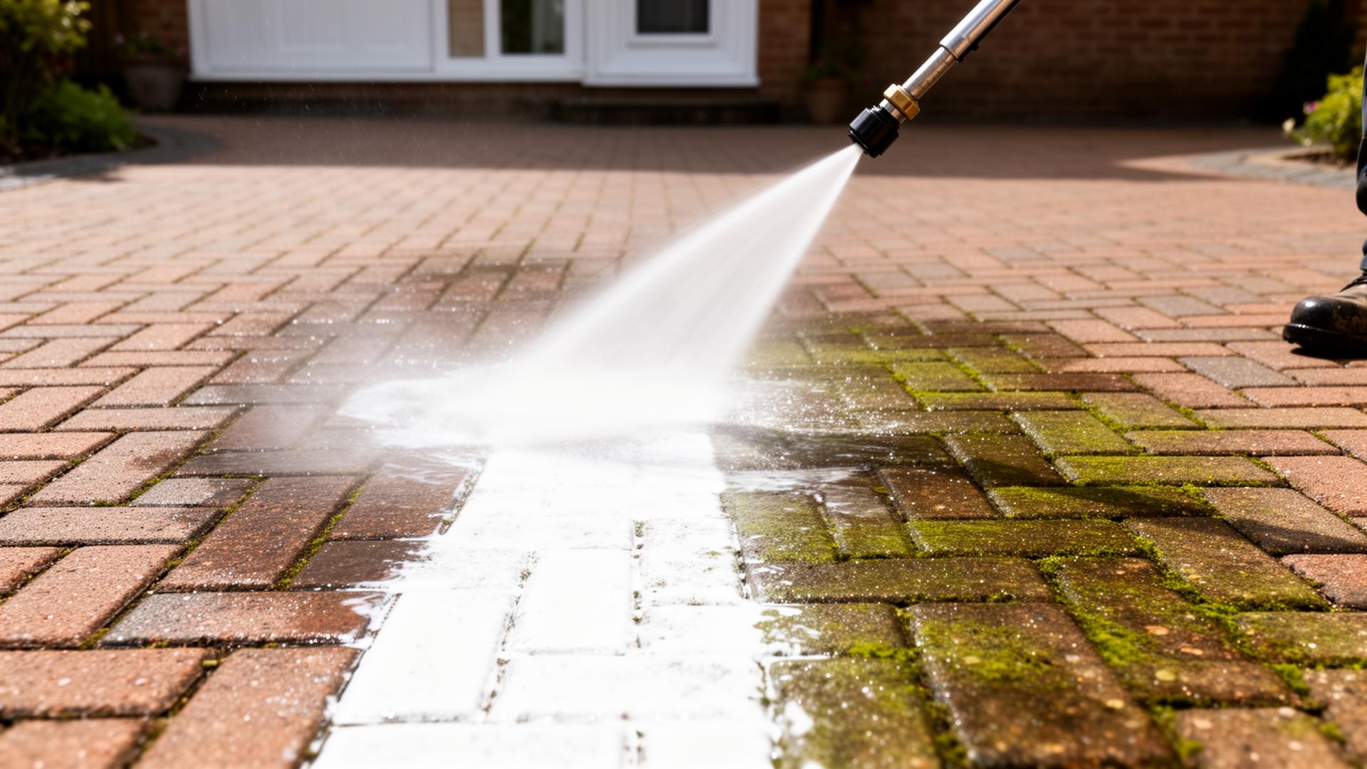 Pressure washing a block paved driveway with a clear clean stripe contrast against the dirty surface
